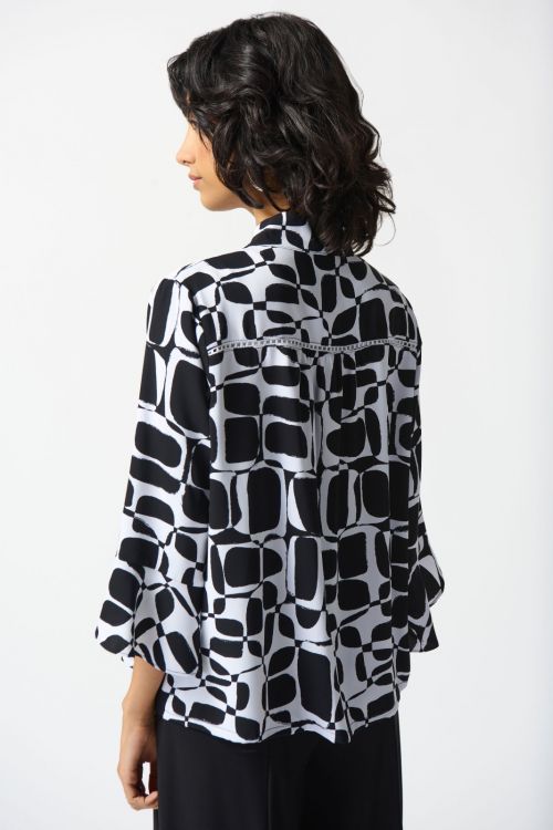 Joseph Ribkoff Vanilla/Black Geometric Print Trapeze Blouse Style 242213