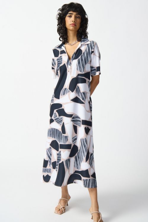 Joseph Ribkoff Vanilla/Multi Abstract Print Trapeze Dress Style 242227