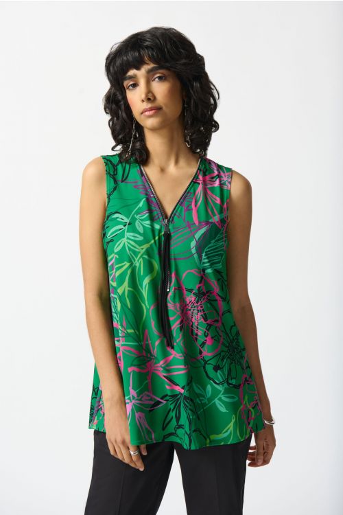 Joseph Ribkoff Green/Multi Floral Print Sleeveless Tunic Style 242235