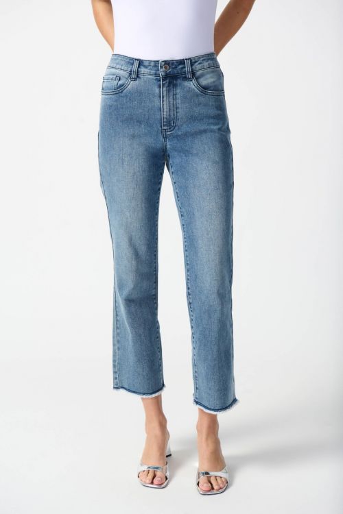 Joseph Ribkoff Denim Medium Blue Frayed Hem Straight Jeans Style 242922