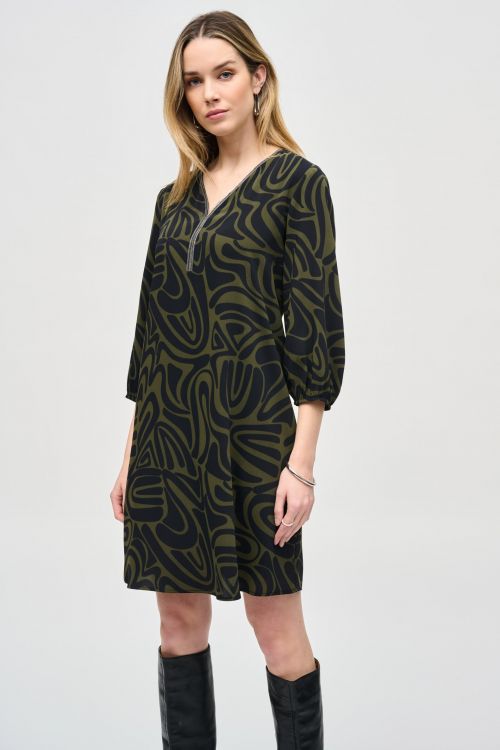 Joseph Ribkoff Black/Green Abstract Print A-Line Dress Style 243154