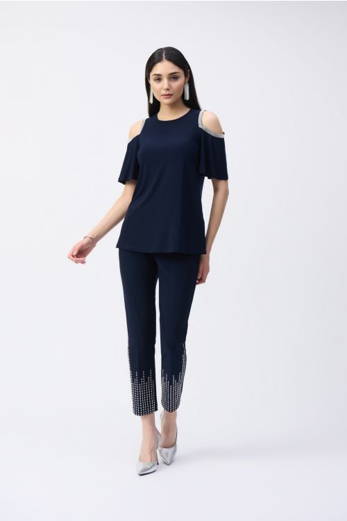 Joseph Ribkoff Midnight Blue Embellished Cold Shoulder Tunic Style 243226