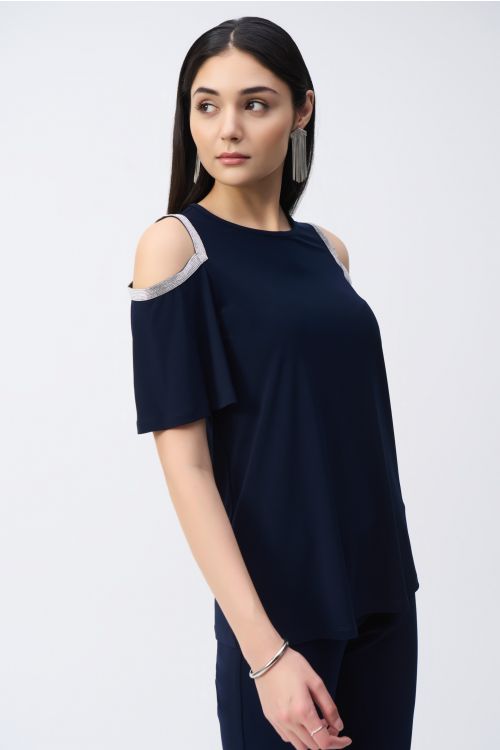 Joseph Ribkoff Midnight Blue Embellished Cold Shoulder Tunic Style 243226