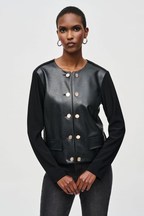 Joseph Ribkoff Black Silky Knit and Leatherette Jacket Style 243240