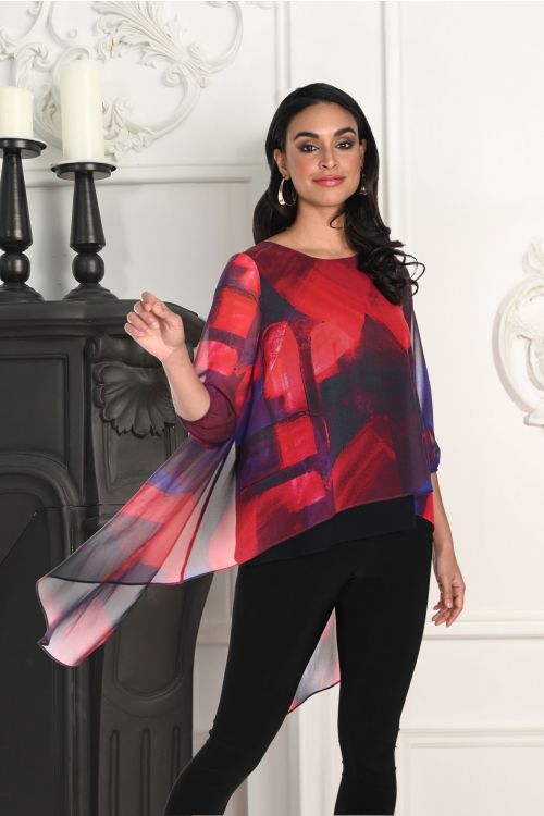 Frank Lyman Black/Red Abstract Print Chiffon Top Style 243246