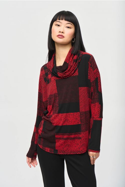 Joseph Ribkoff Black/Red Patchwork Print Boxy Top Style 243249