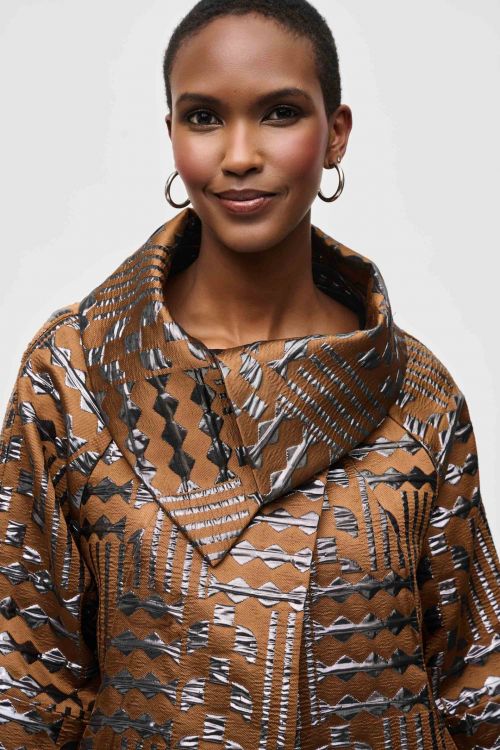 Joseph Ribkoff Brown/Gunmetal Geometric Print Cocoon Coat Style 243280