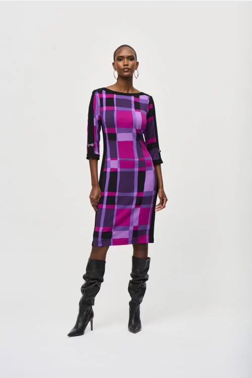 Joseph Ribkoff Purple/Black Plaid Print Sheath Dress Style 243301