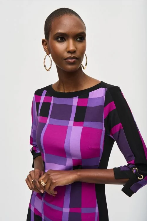 Joseph Ribkoff Purple/Black Plaid Print Sheath Dress Style 243301