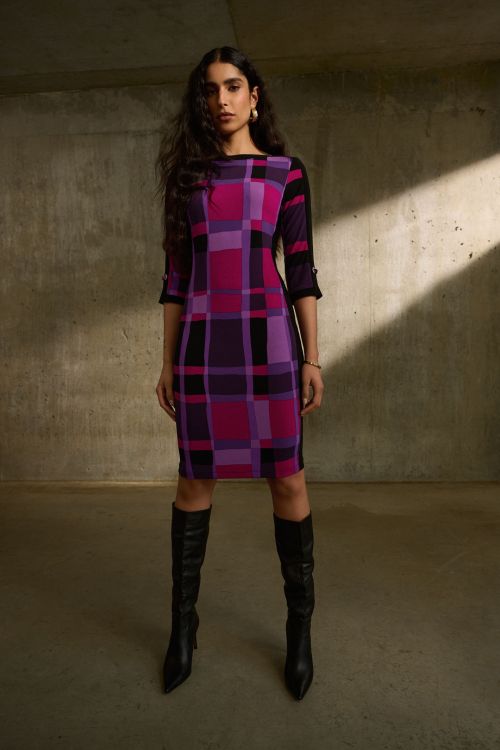 Joseph Ribkoff Purple/Black Plaid Print Sheath Dress Style 243301