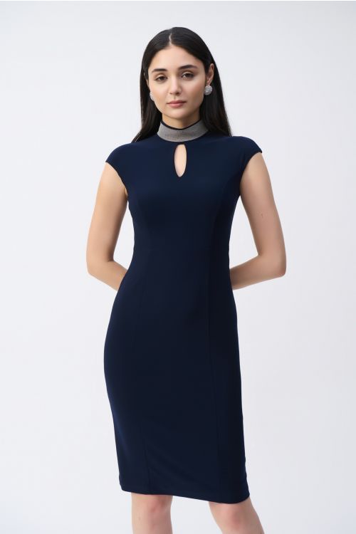 Joseph Ribkoff Midnight Blue Embellished Collar Fitted Dress Style 243313