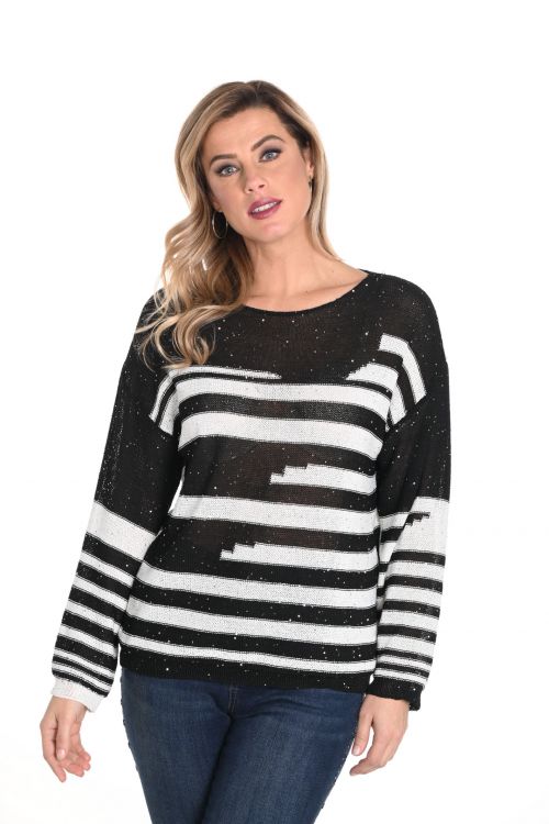 Frank Lyman Black/Off-White Stripe Sweater with Sequins Style 243421U