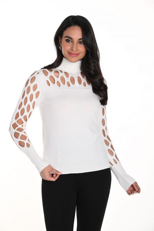 Frank Lyman Off-White Cutout Detail Turtleneck Sweater Style 243424U