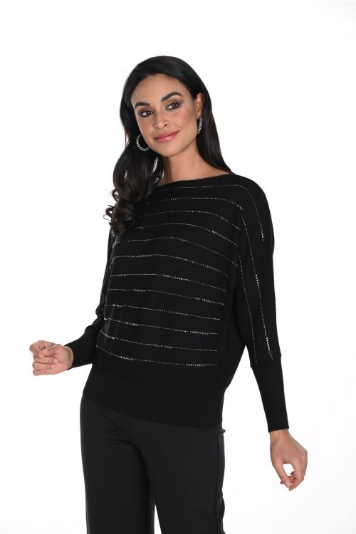 Frank Lyman Black/Gunmetal Boat Neck Striped Sweater Style 243437U