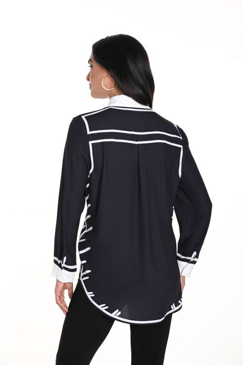 Frank Lyman Black/Off-White Shirt Collar Blouse Style 243455U