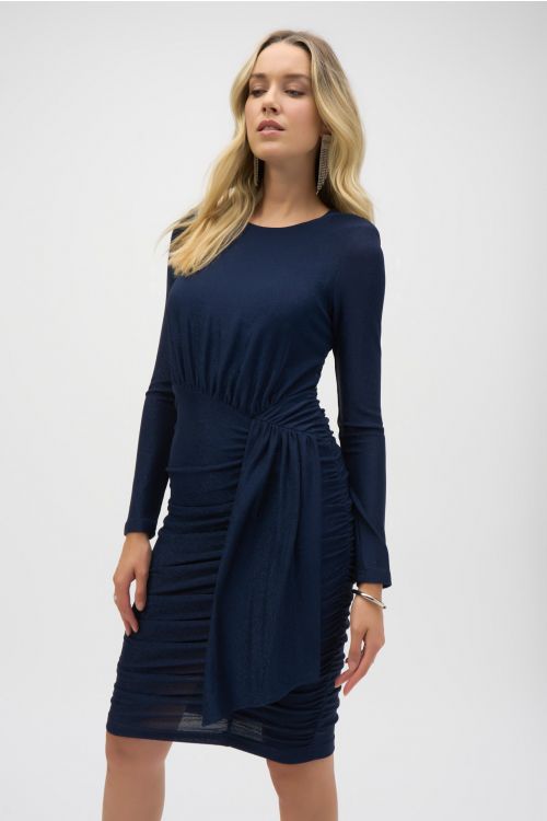 Joseph Ribkoff Navy Metallic Knit Draped Sheath Dress Style 243766