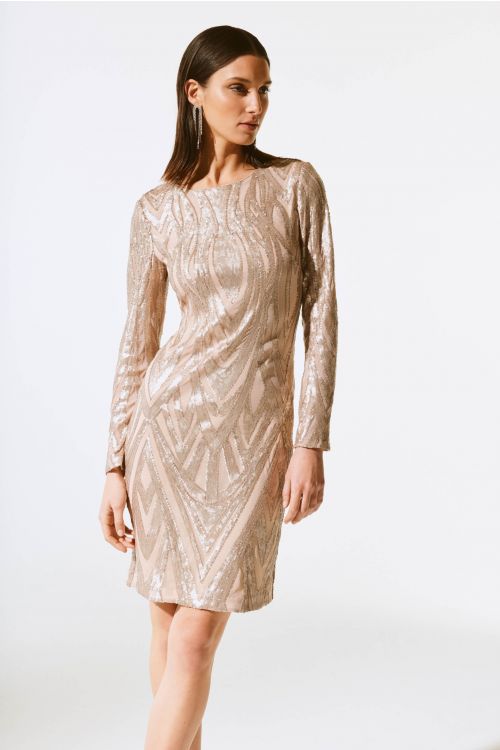 Joseph Ribkoff Matte Gold Placement Sequins Sheath Dress Style 243774