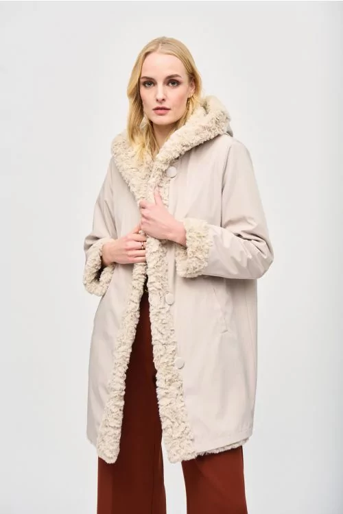 Joseph Ribkoff Reversible Faux Fur Champagne Coat Style 243903