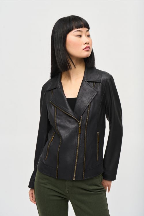 Joseph Ribkoff Black Foiled Knit Moto Jacket Style 243905