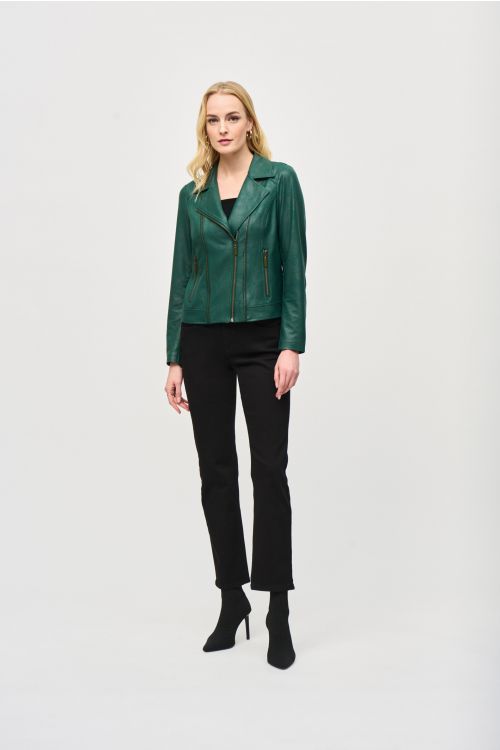 Joseph Ribkoff Absolute Green Foiled Knit Moto Jacket Style 243905