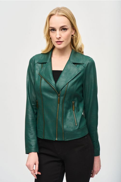 Joseph Ribkoff Absolute Green Foiled Knit Moto Jacket Style 243905