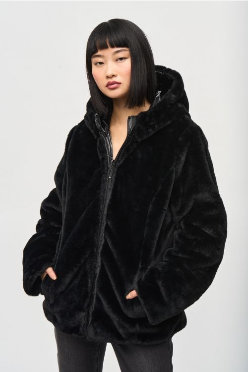 Joseph Ribkoff Black Reversible Faux Fur Quilted Puffer Coat Style 243937