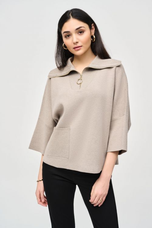 Joseph Ribkoff Taupe Mélange Jacquard Zipped Collar Sweater Style 243954