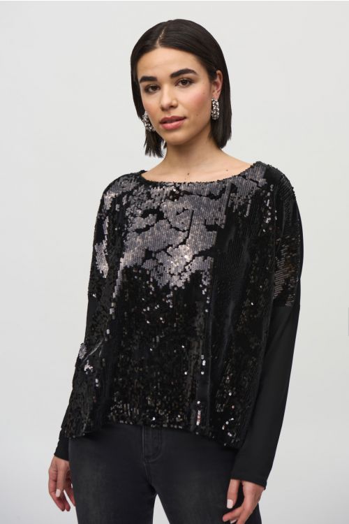 Joseph Ribkoff Black Sequined Velvet Boxy Top Style 244005