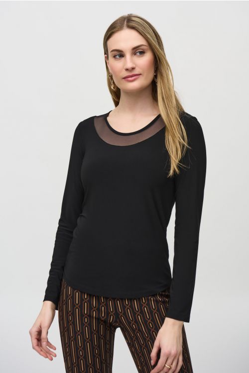 Joseph Ribkoff Black Silky Knit and Mesh Fitted Top Style 244066