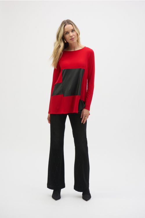 Joseph Ribkoff Lipstick Red/Black Silky Knit And Leatherette Flared Tunic Style 244084