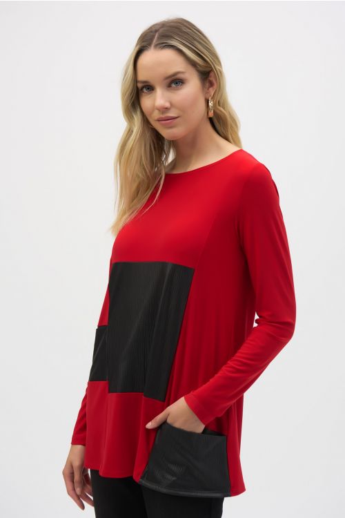 Joseph Ribkoff Lipstick Red/Black Silky Knit And Leatherette Flared Tunic Style 244084