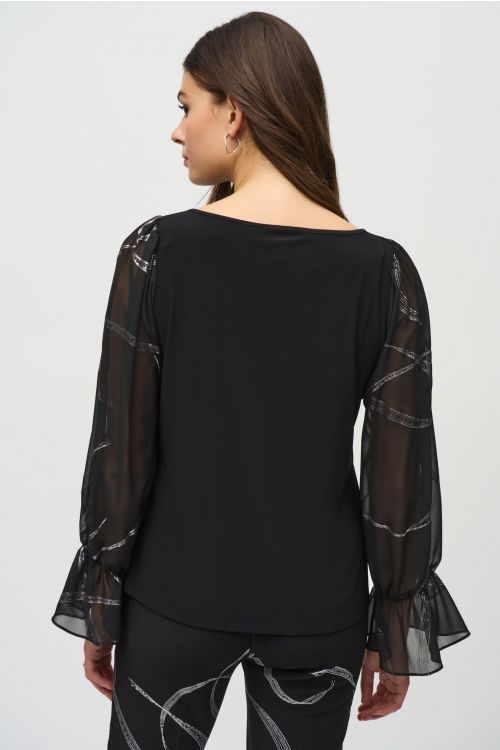 Joseph Ribkoff Black/Silver Top With Foiled Chiffon Sleeves Style 244090