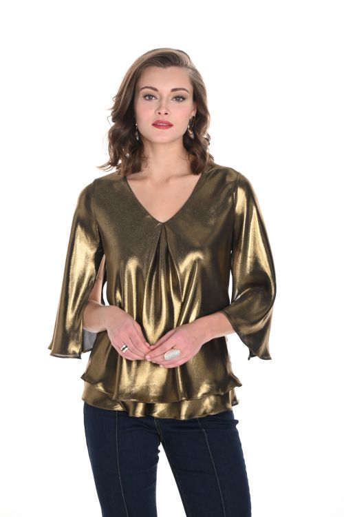 Frank Lyman Gold/Black Layered V-Neck Top Style 244142