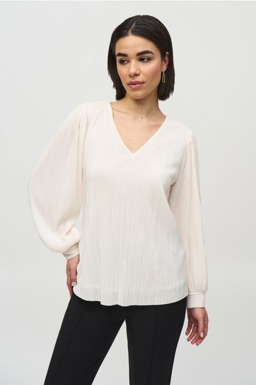 Joseph Ribkoff Off-White Pleated Boxy V-Neck Top Style 244163