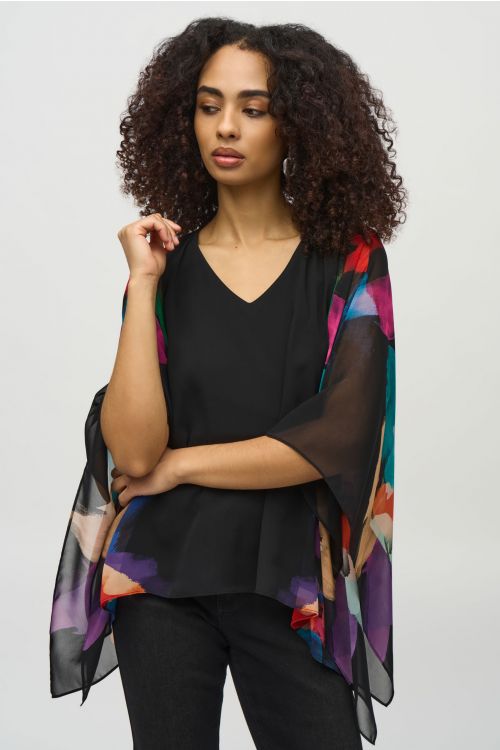 Joseph Ribkoff Black/Multi Chiffon Abstract Print Poncho Top Style 244174