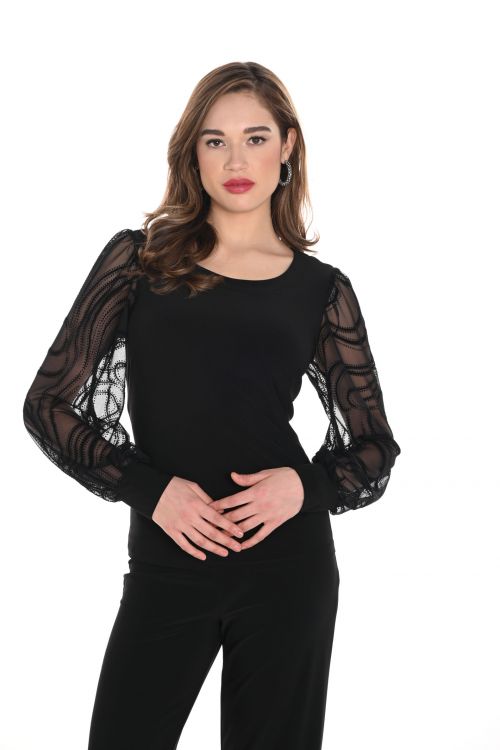 Frank Lyman Black Top with Mesh Puff Sleeves Style 244223