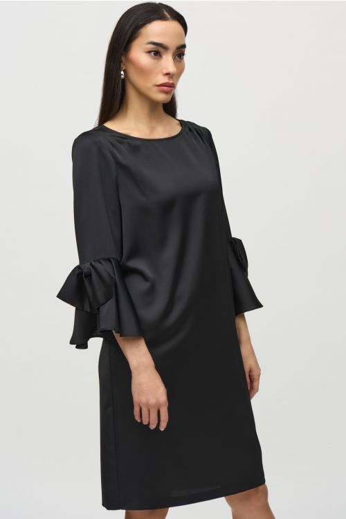 Joseph Ribkoff Black Satin Ruffle Sleeve Straight Dress Style 244235