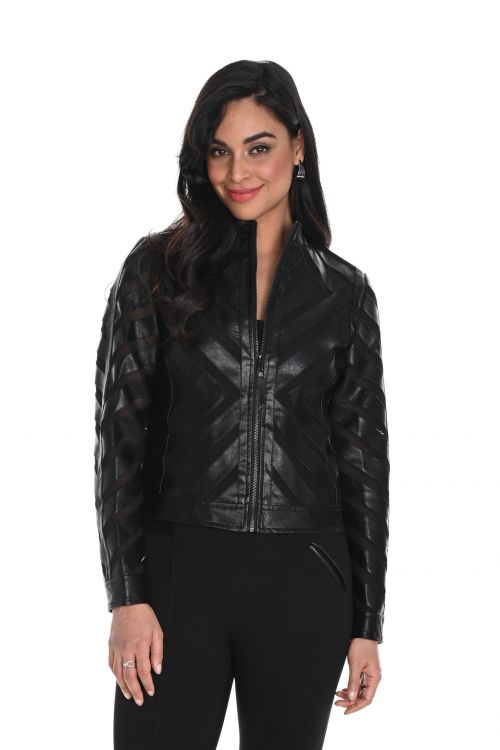 Frank Lyman Black Leatherette Jacket with Mesh Inserts Style 244610U