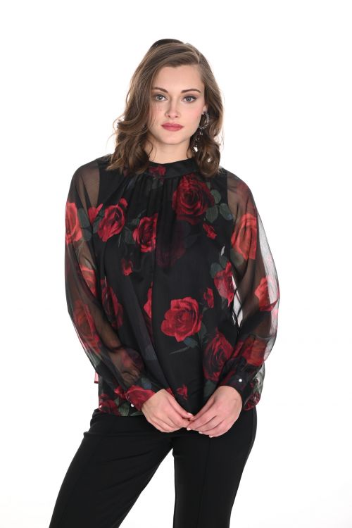 Frank Lyman Black/Red Chiffon Top with Floral Print Style 244638U