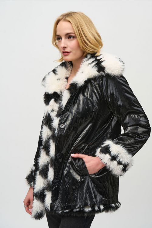 Joseph Ribkoff Vanilla/Black Reversible Faux Fur Coat Style 244900