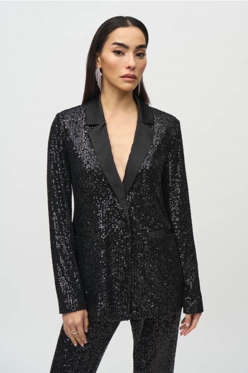 Joseph Ribkoff Black Sequined Blazer With Satin Lapel Style 244916