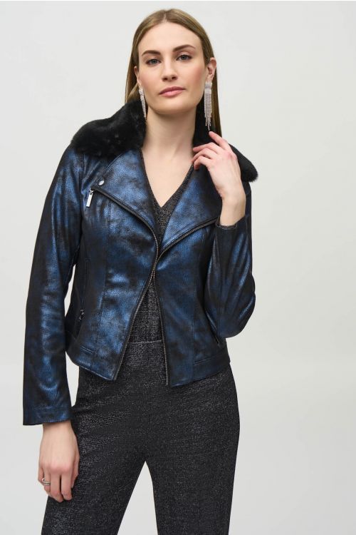 Joseph Ribkoff Blue/Black Foiled Suede Jacket with Faux-Fur Collar Style 244918