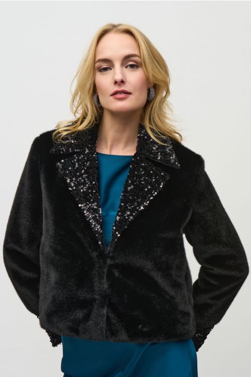 Joseph Ribkoff Black Faux Fur Jacket with Sequins Trim Style 244920