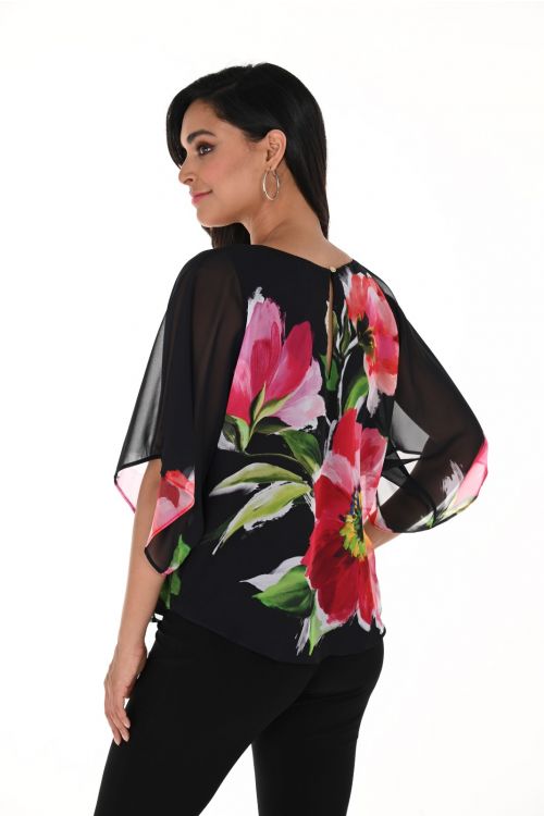 Frank Lyman Black/Fuchsia Floral Print Chiffon Top Style 246186