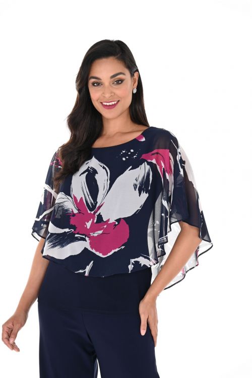 Frank Lyman Midnight/Fuchsia Floral Print Chiffon Top Style 248100