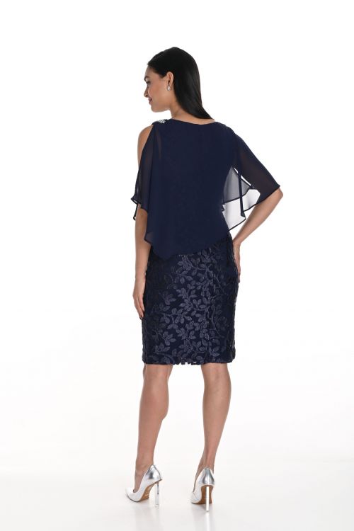 Frank Lyman Navy Dress with Leaf Print and Chiffon Cape Style 249276