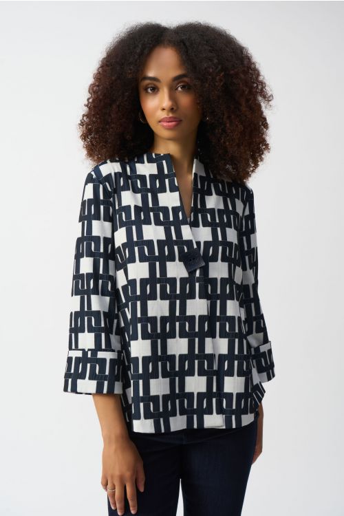 Joseph Ribkoff Off-White/Navy Geometric Print Trapeze Jacket Style 251000