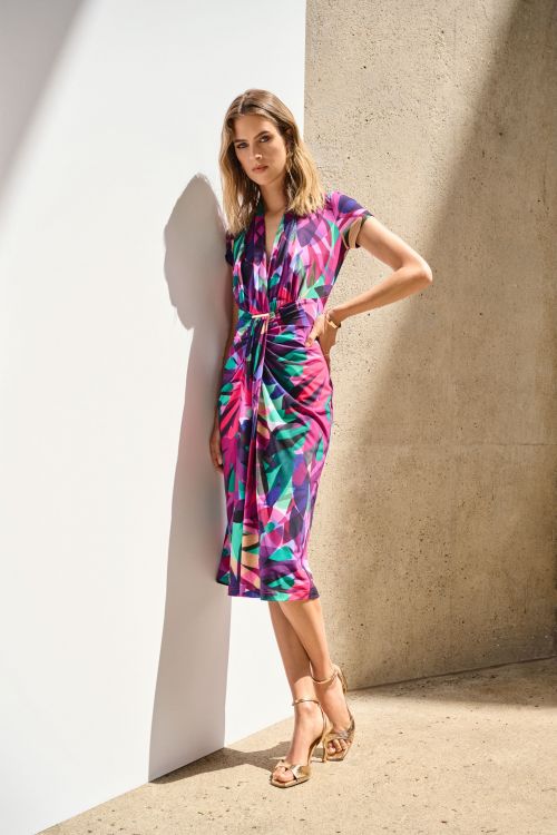 Joseph Ribkoff Multi Silky Knit Tropical Print Wrap Dress Style 251042