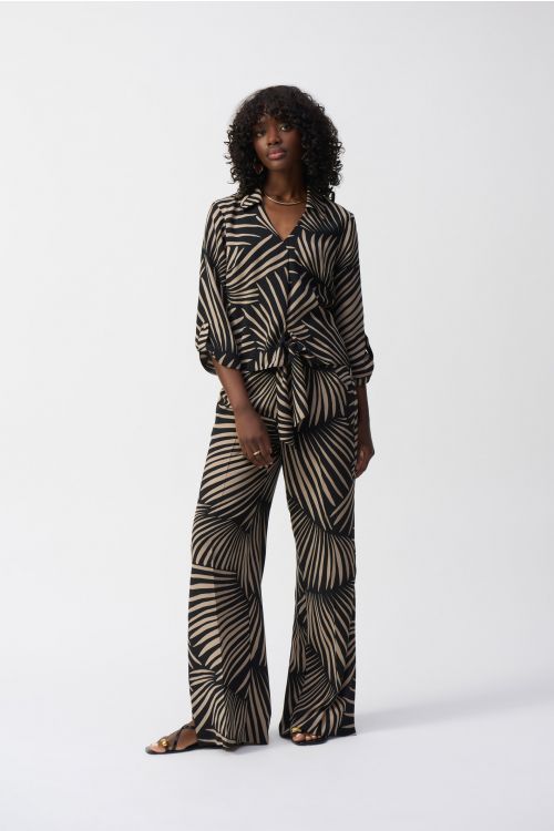 Joseph Ribkoff Black/Dune Gauze Tropical Print Wide-Leg Pants Style 251085.