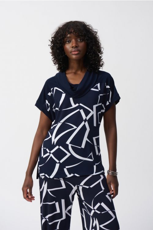 Joseph Ribkoff Midnight Blue/Vanilla Abstract Print Boxy Top Style 251110